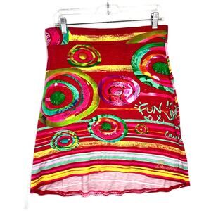 Desigual Y2K Large Mini Skirt Red Pink Y2K Hi-Lo Stretch Vibrant Graphic Beach